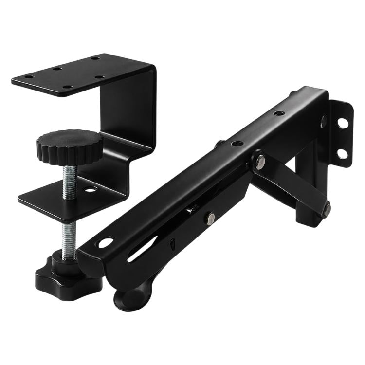 Black no-drill tray support bracket with wall plate, long arm, and clamp posts