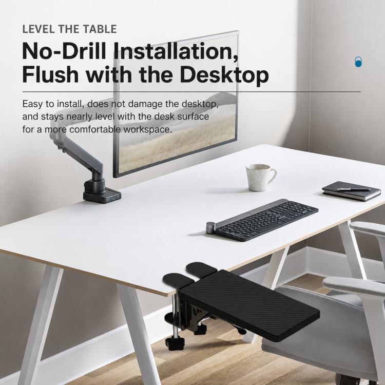 Installed black desk tray support bracket with adjustable arm and clamp base