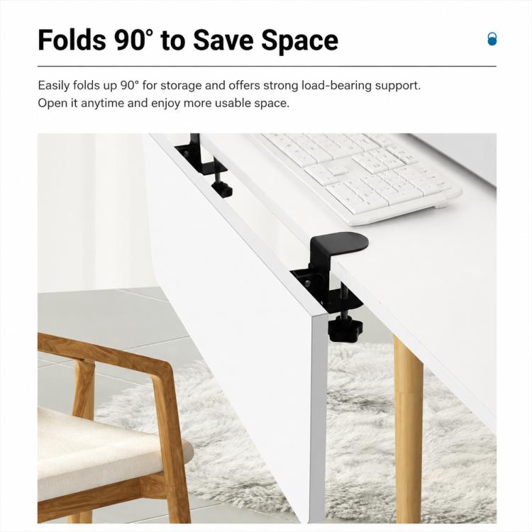 Desktop extension tray bracket with folded 90-degree support arm, no-drill clamp