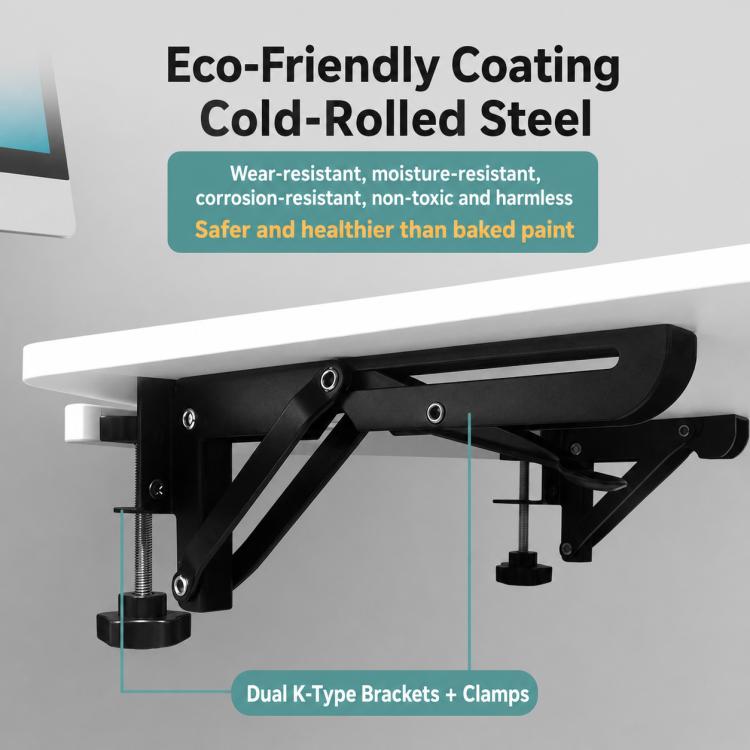 Black steel desktop extension tray bracket with mounting arms and clamp pieces