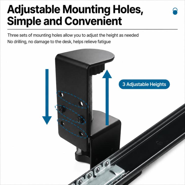 Adjustable-height desktop extension tray bracket with mounting holes and slide rail