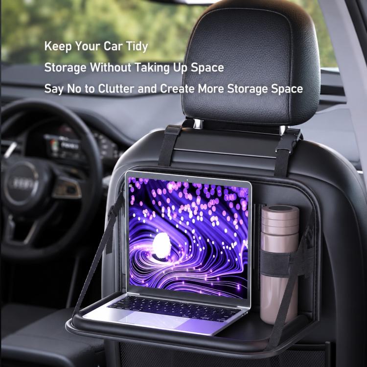 Car seat back storage rack tray holding a small device and drink bottle