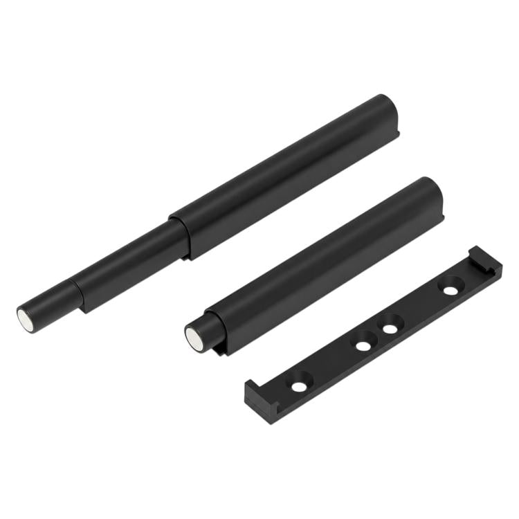 Black cabinet door rebound latch set with mounting plate and mounting holes