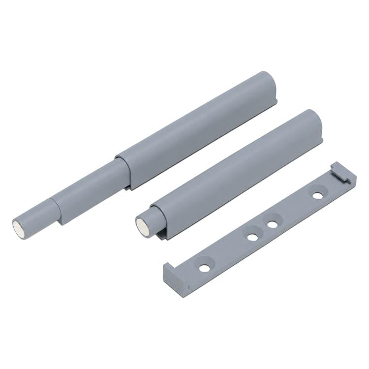 Gray cabinet door rebound latch set with mounting plate and mounting holes