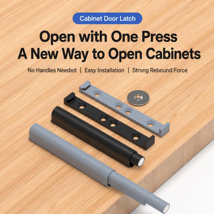 Cabinet door rebound latch pieces in gray and black on a wood cabinet surface