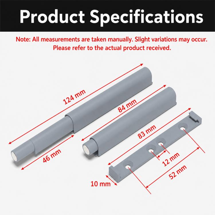Grey cabinet door rebound catch parts with mounting holes and pin