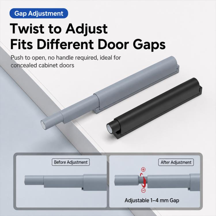 Adjustable cabinet door rebound latch shown on a cabinet door gap, gray and black