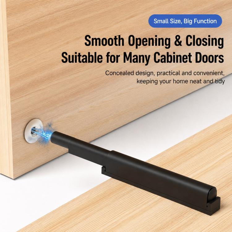 Black cabinet door rebound latch on a cabinet door for smooth opening and closing