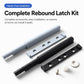 Cabinet door rebound latch kit with gray and black latches, plates, and screws