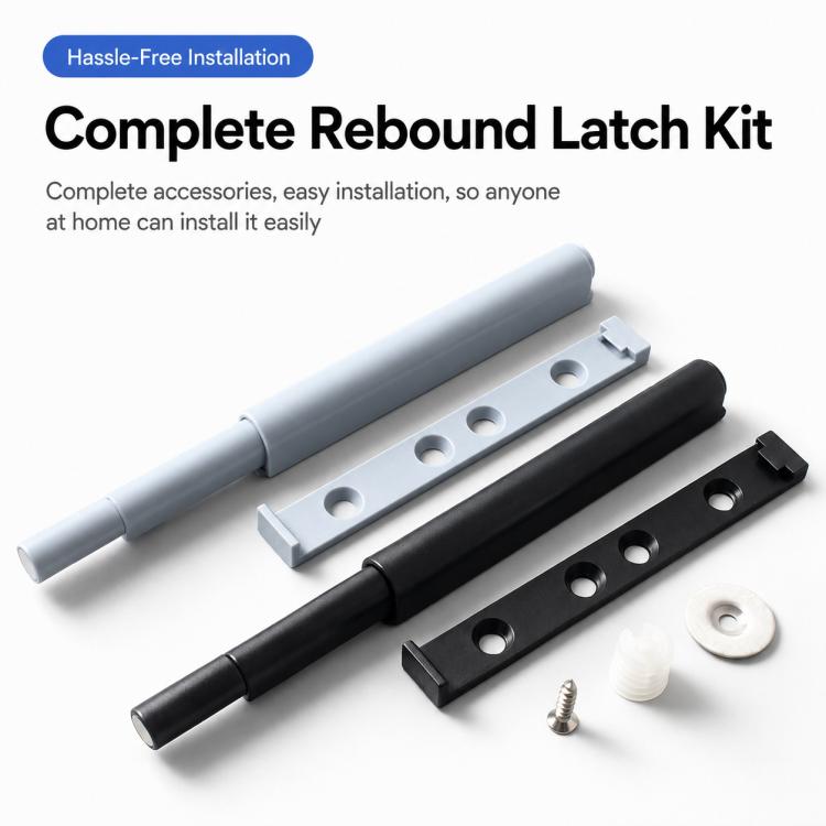 Cabinet door rebound latch kit with gray and black latches, plates, and screws