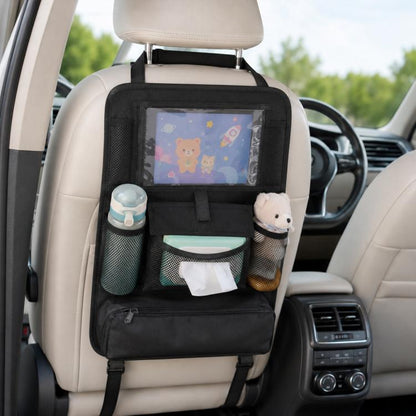 Black car seat back anti-kick storage bag with clear tablet pocket and organizer compartments