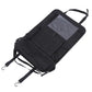 Black folding car seat back organizer bag with adjustable straps and clear front window