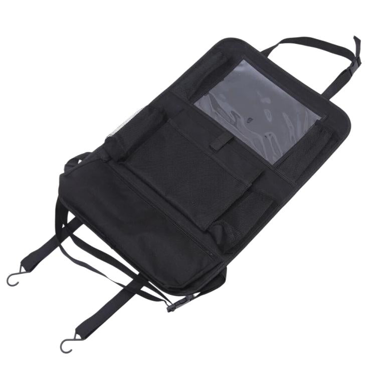 Black folding car seat back organizer bag with adjustable straps and clear front window