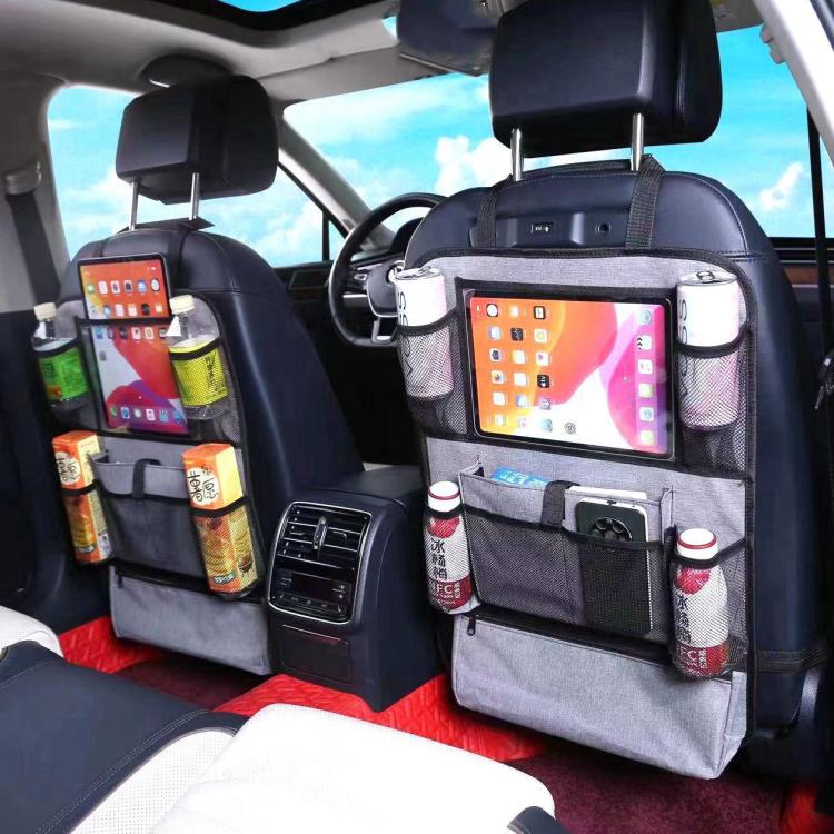 Grey car seat back organizer with mesh side pockets and large front storage panel