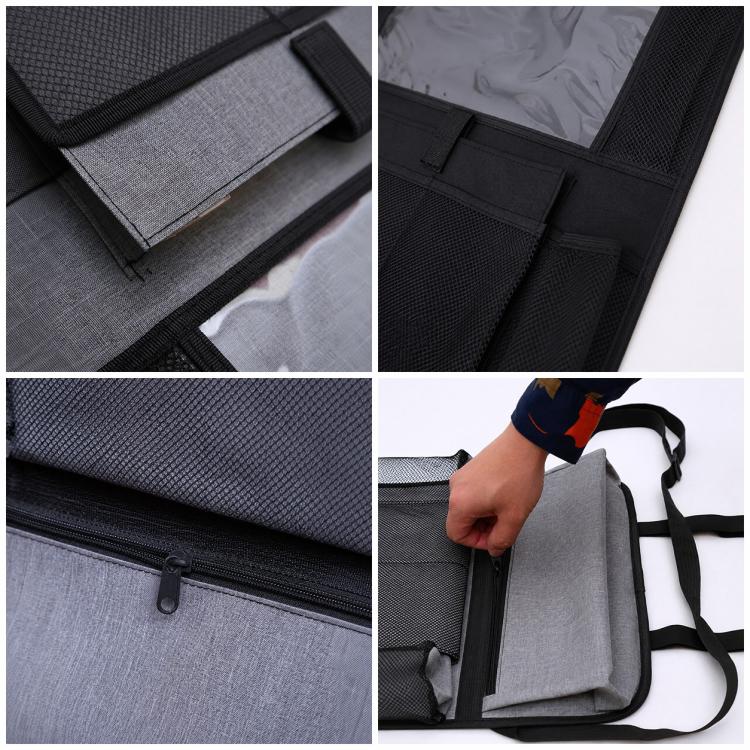 Grey fabric car seat back organizer with zipper pouch and mesh side compartments
