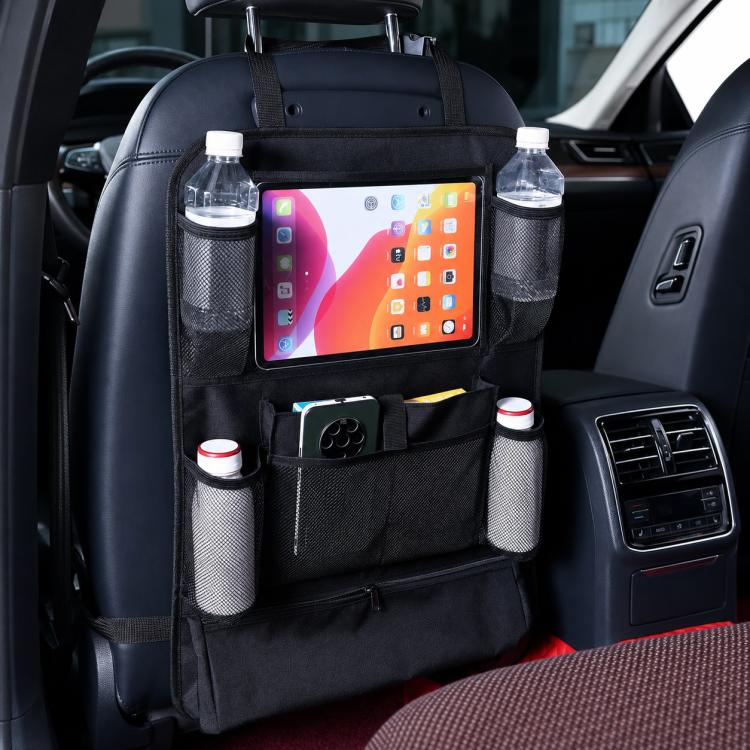 Black car seat back organizer bag with clear tablet pocket and two insulated drink holders