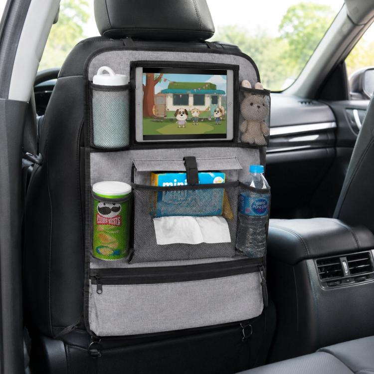 Grey car seat back anti-kick organizer with mesh drink holder pockets and front zip panel
