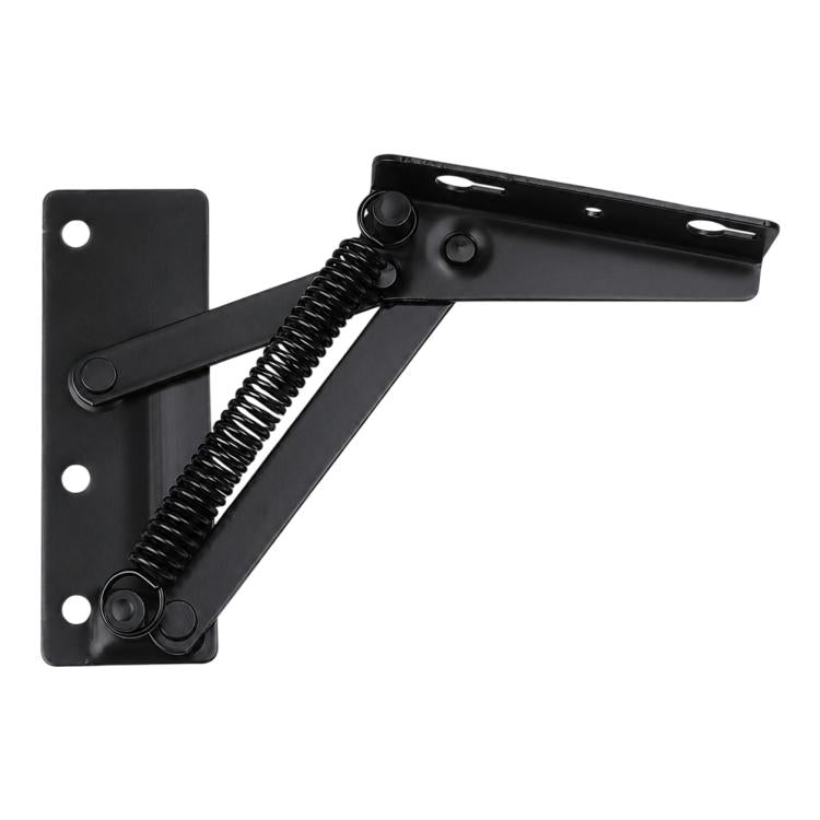 Black metal seat lift spring hinge bracket with connecting plate and mounting holes