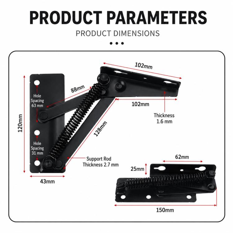 Black metal spring hinge lift bracket with dimensions diagram on product panel