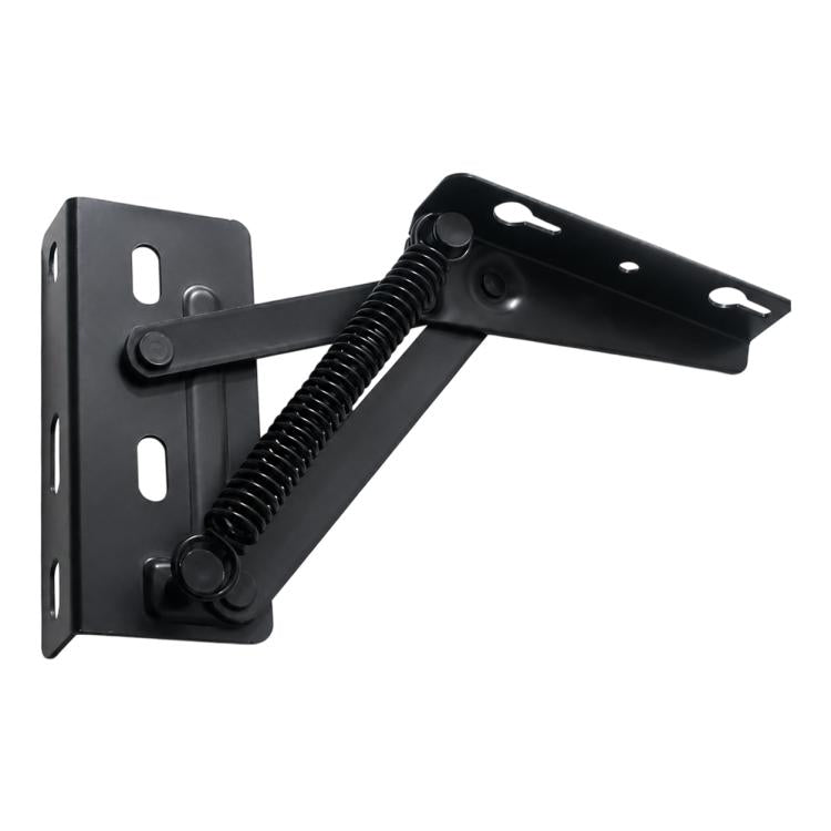Black metal seat lift spring hinge bracket with rectangular base and side mounting holes