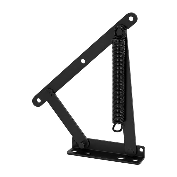 Black spring hinge lift bracket with coiled strut and base mounting plate