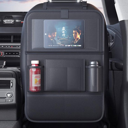 Grey rear seat organizer bag with front mesh panel and foldable tray section