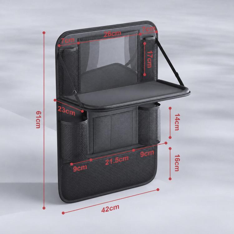 Black rear seat storage bag with fold-out tray table and side cup holders