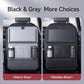Car seat back storage organizer with gray and black panels, tablet pocket and mesh base