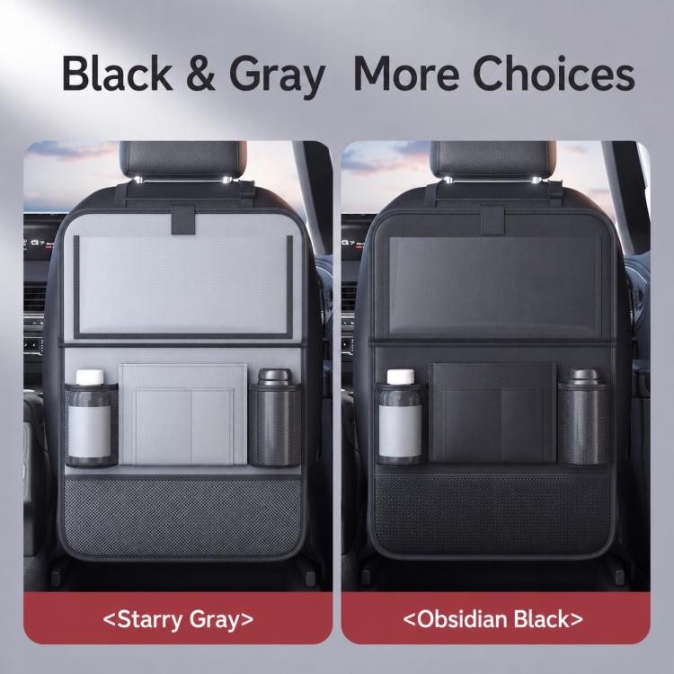Car seat back storage organizer with gray and black panels, tablet pocket and mesh base