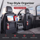 Black tray-style car seat back organizer with front clear pocket and side holders