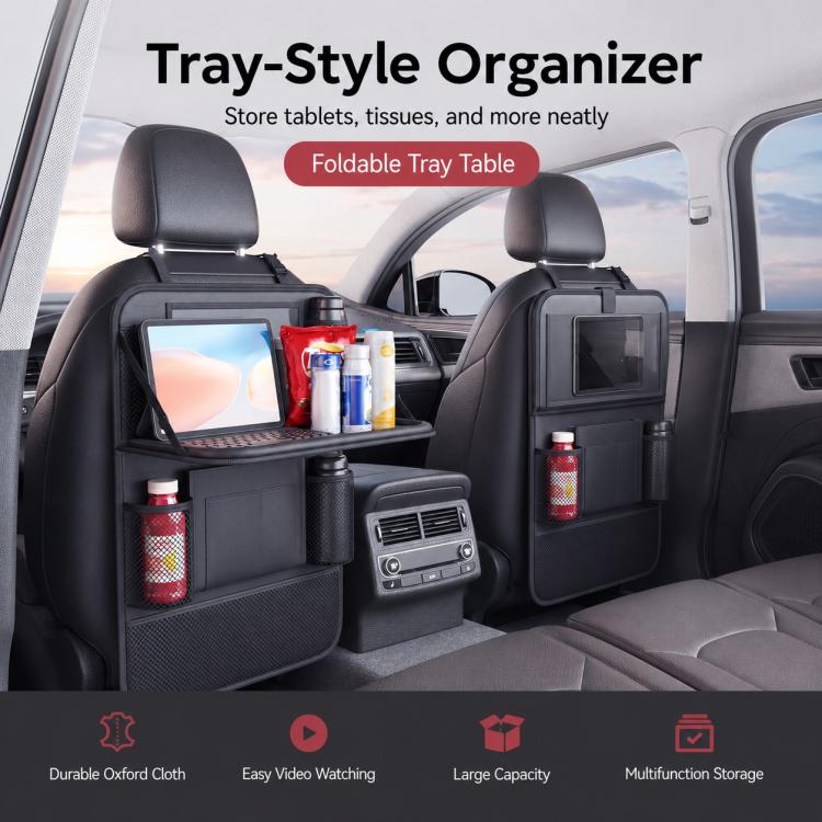 Black tray-style car seat back organizer with front clear pocket and side holders