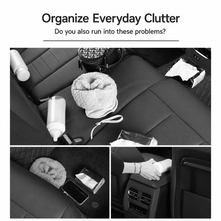Black car seat back storage organizer with multiple compartments for small items