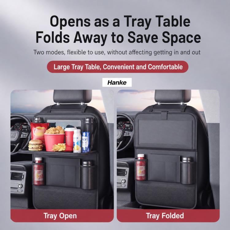 Black rear seat organizer folding tray table open and storage pockets