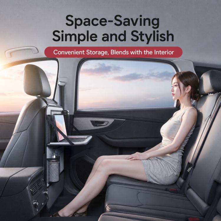 Black car seat back organizer mounted on seat with small tray and storage pockets