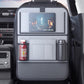 Car seat back storage organizer in black with tablet window, side bottle pockets, lower mesh tray