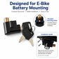 Black e-bike lock with gold threaded mounting holes and two keys