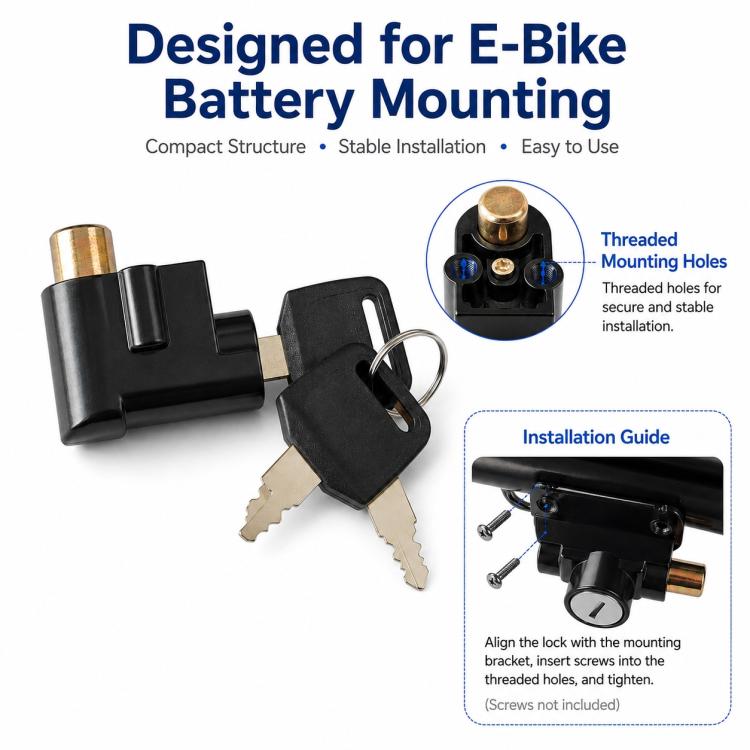 Black e-bike lock with gold threaded mounting holes and two keys
