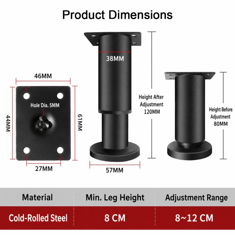 Height-Adjustable Furniture Support Legs with Round Base for Sofas and Coffee Tables, 8CM, 12CM, 18CM, 25CM