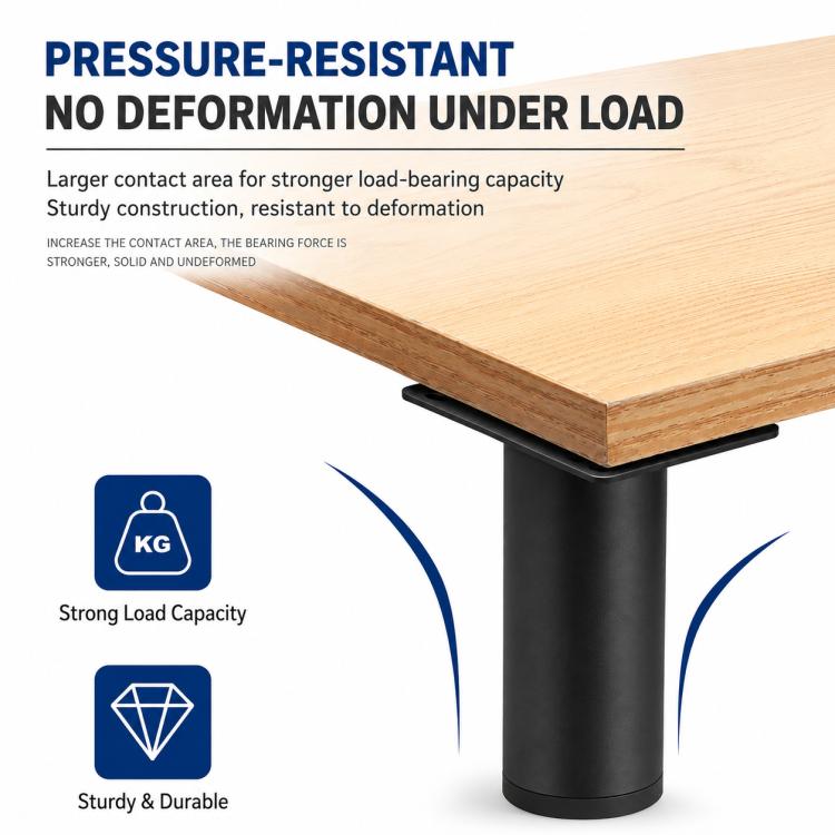Black furniture support leg with square mounting plate under a wooden tabletop edge