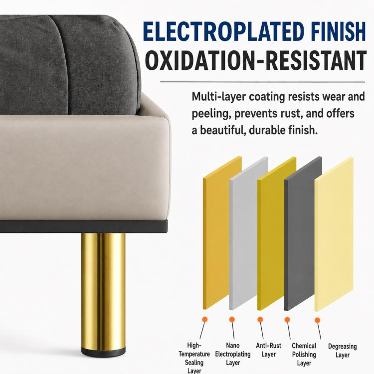 Gold furniture support leg with black base, shown under a sofa