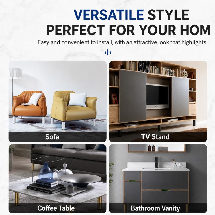 Furniture support legs shown under sofa, TV stand, coffee table, and vanity
