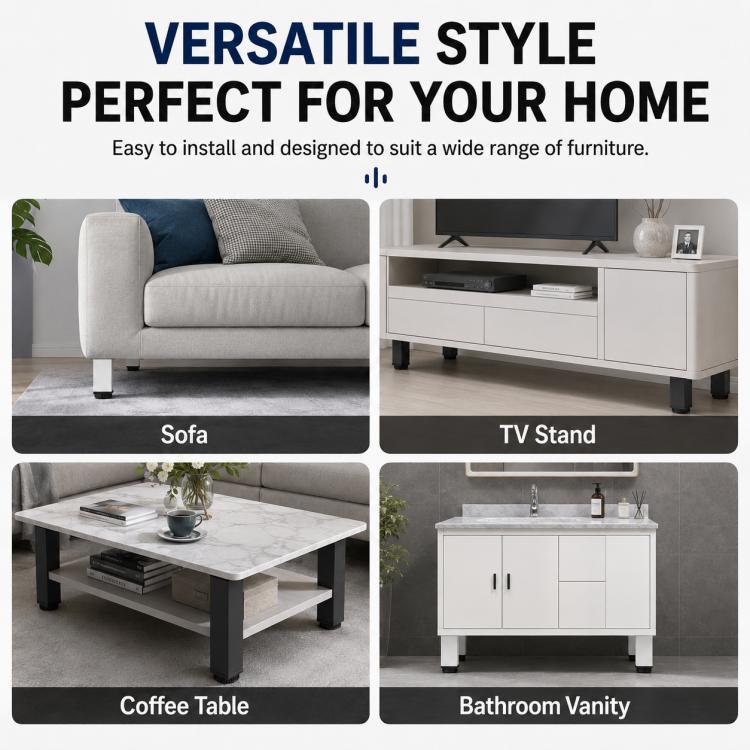Square height-adjustable support legs installed under furniture for everyday use