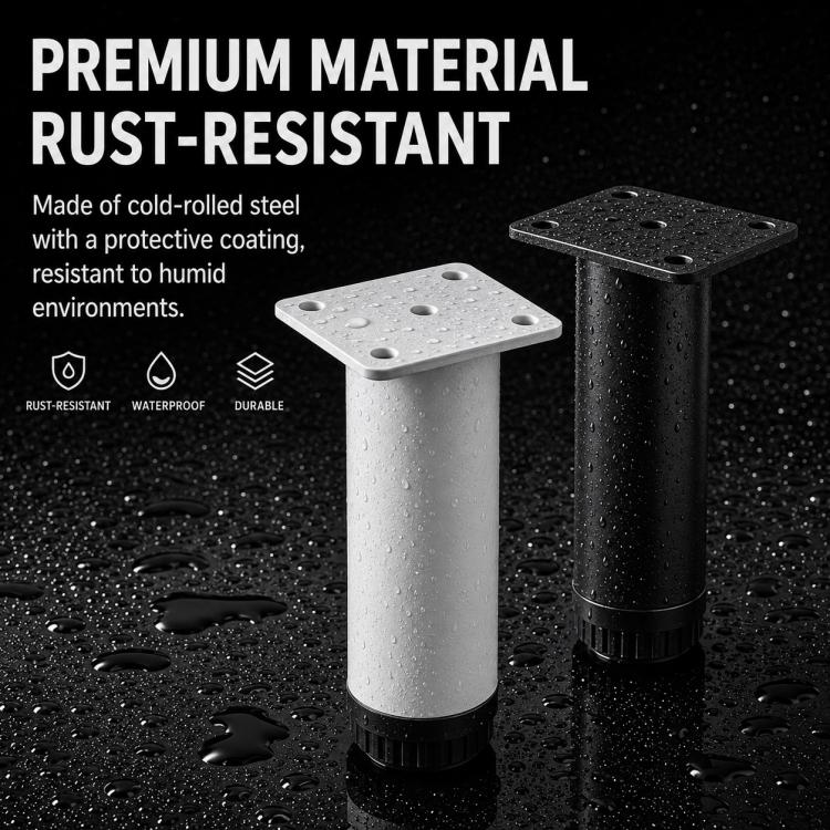 Rust-resistant steel height-adjustable support legs in black and silver with protective coating.