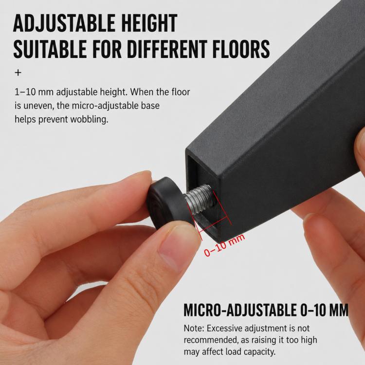 Matte black angled furniture support leg with micro-adjust screw, 0–10 mm range