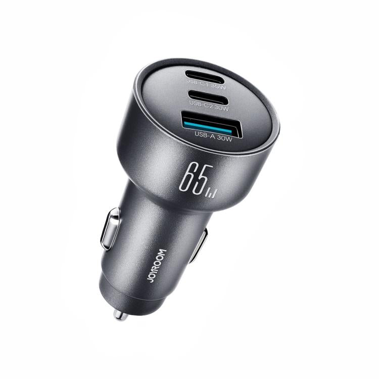 Dark metal 3-in-1 car charger with USB-C and USB-A ports, blue-lit