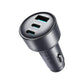 Dark metal car charger with three blue-lit ports and USB-C connector