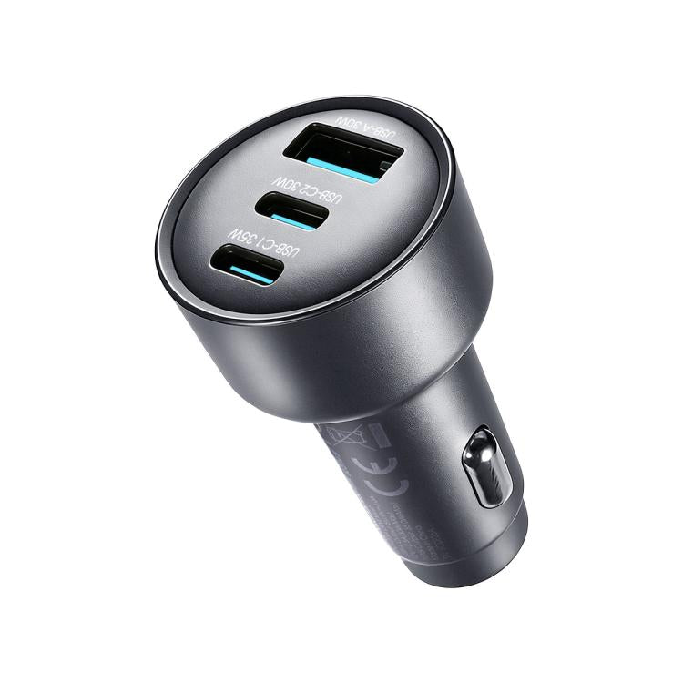 Dark metal car charger with three blue-lit ports and USB-C connector