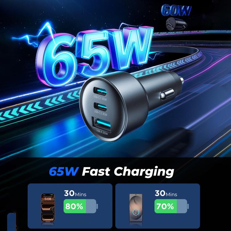 Dark 65W car charger with blue-lit multi-port connectors