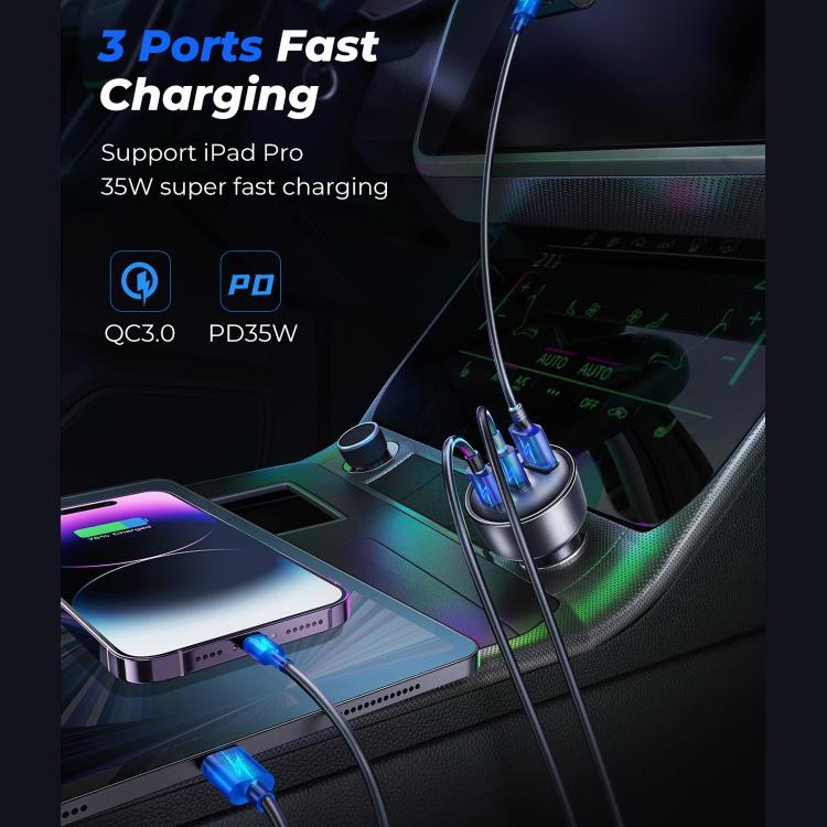 Dark car charger with multiple ports and blue-lit indicators, charging cables