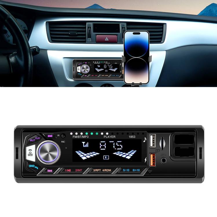 Single-DIN car MP3 player with phone holder, in-dash unit with black face and knobs